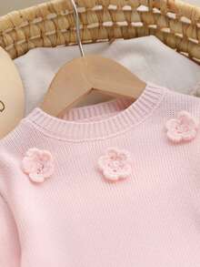SHEIN Baby Girls Cute Hand Crochet Flower Crew Neck Knit Sweater Outfit - Baby Pink - View 4