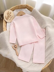 SHEIN Baby Girls Cute Hand Crochet Flower Crew Neck Knit Sweater Outfit - Baby Pink - View 2