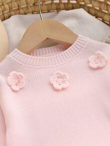 SHEIN Baby Girls Cute Hand Crochet Flower Crew Neck Knit Sweater Outfit - Baby Pink - View 3