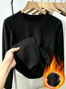 Livesso Curve Plus Size Solid Color Casual Thermal Lined Thick Versatile Fitted Long Sleeve Black T-Shirt Fall - Black - View 1