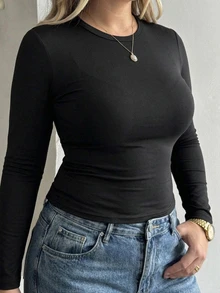 Livesso Curve Plus Size Solid Color Casual Thermal Lined Thick Versatile Fitted Long Sleeve Black T-Shirt Fall - Black - View 4