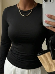 Livesso Curve Plus Size Solid Color Casual Thermal Lined Thick Versatile Fitted Long Sleeve Black T-Shirt Fall - Black - View 5