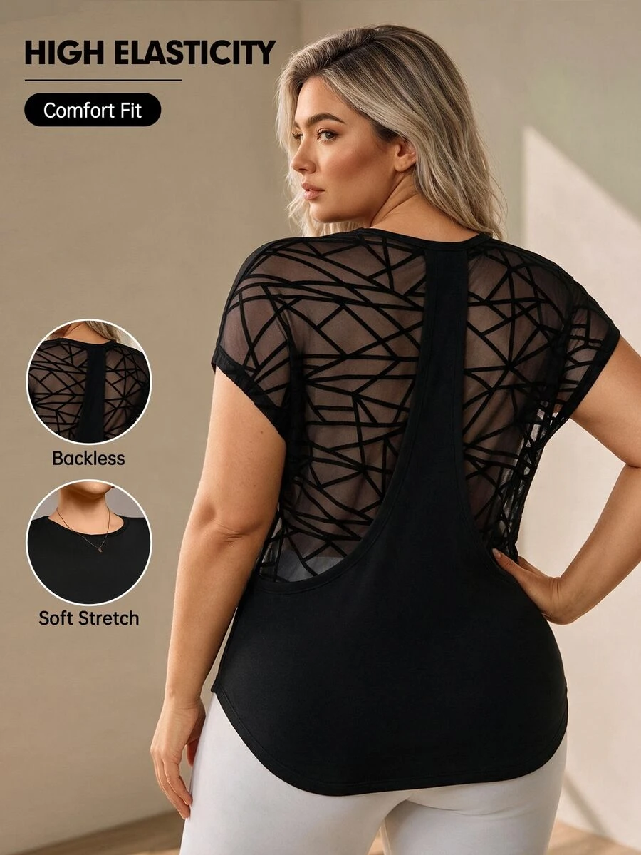 SHEIN Unity 女式加大码网眼拼布短袖瑜伽T恤