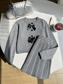 SHEIN 2件組女童針織套裝，簡約圓領灰色長袖3D蝴蝶結裝飾開襟衫搭配百褶裙，甜美學院風可愛風格，適合上學、告別場合 - 灰色 - 查看 6