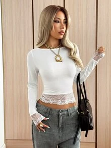 SHEIN EZwear Autumn/Winter Casual Fitted Lace Patchwork Basic T-Shirt - White - View 6