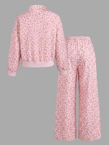 SHEIN Setelan Kasual 2 Potong untuk Anak Perempuan Remaja dengan Patch Kulit Imitasi, Kaos Lengan Panjang Berkerah Tegak dengan Grafis Huruf, Pakaian Musim Gugur, Bahan Fleece, Lengan Panjang - MultiWarna - View 3