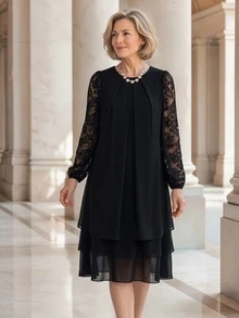 EMERY ROSE Gaun Lengan Panjang Berlipit dengan Detail Renda Kontras Elegan untuk Wanita Paruh Baya dan Lanjut Usia - Hitam - View 5