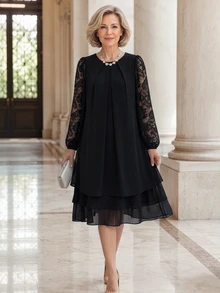 EMERY ROSE Gaun Lengan Panjang Berlipit dengan Detail Renda Kontras Elegan untuk Wanita Paruh Baya dan Lanjut Usia - Hitam - View 6