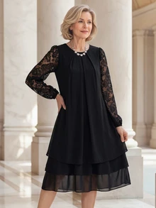 EMERY ROSE Gaun Lengan Panjang Berlipit dengan Detail Renda Kontras Elegan untuk Wanita Paruh Baya dan Lanjut Usia - Hitam - View 2