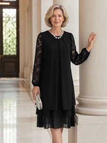 EMERY ROSE Gaun Lengan Panjang Berlipit dengan Detail Renda Kontras Elegan untuk Wanita Paruh Baya dan Lanjut Usia - Hitam - View 7