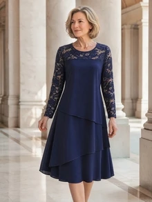 EMERY ROSE Middle-Aged Women's Contrast Lace Round Neck Long Sleeve Elegant Dress Elegant Party Dresses For Women - Navy Blue - View 2