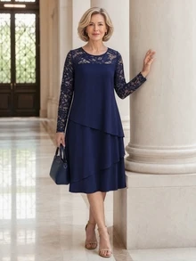 EMERY ROSE Middle-Aged Women's Contrast Lace Round Neck Long Sleeve Elegant Dress Elegant Party Dresses For Women - Navy Blue - View 7