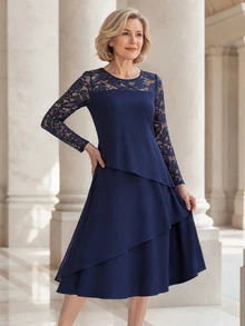 EMERY ROSE Middle-Aged Women's Contrast Lace Round Neck Long Sleeve Elegant Dress Elegant Party Dresses For Women - Navy Blue - View 5