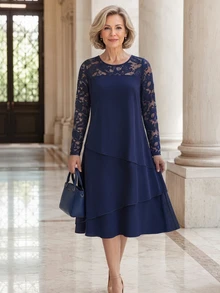 EMERY ROSE Middle-Aged Women's Contrast Lace Round Neck Long Sleeve Elegant Dress Elegant Party Dresses For Women - Navy Blue - View 4