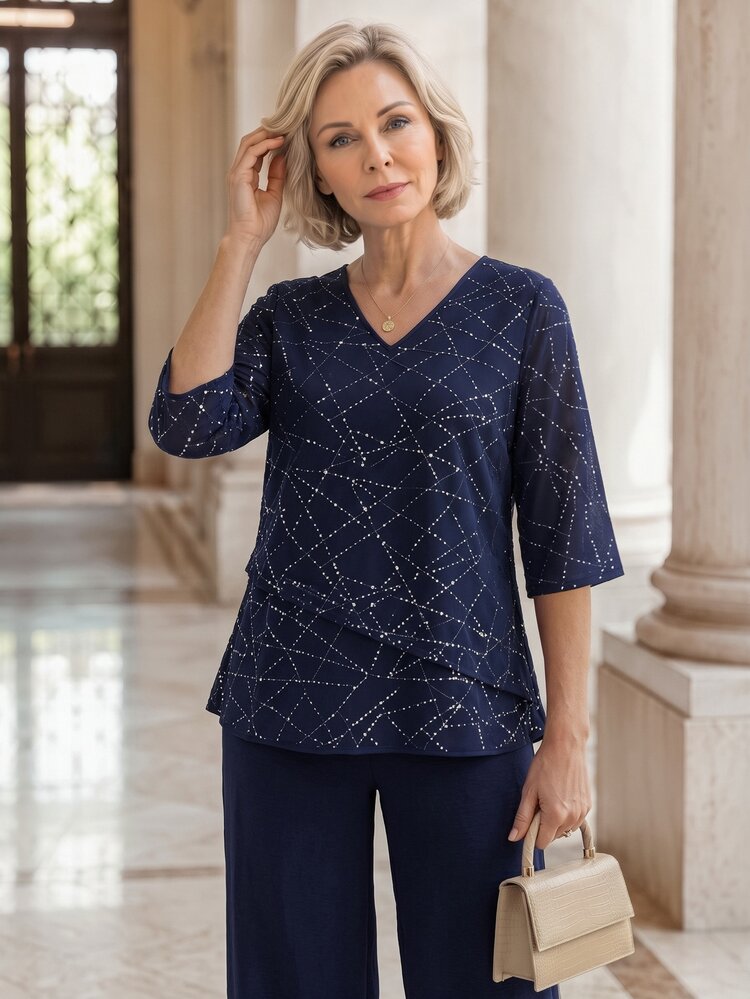 EMERY ROSE Middle-Aged Women Rhinestone V-Neck 3/4 Sleeve Blouse And Long Pants Elegant Set - Multicolor - View 6