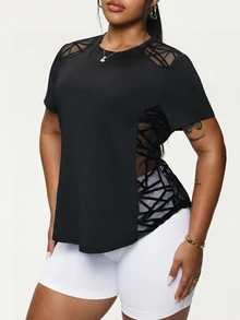 SHEIN Rhythm Era Camiseta de manga corta casual de mujer con parches de malla de unicolor - Negro - Ver 2