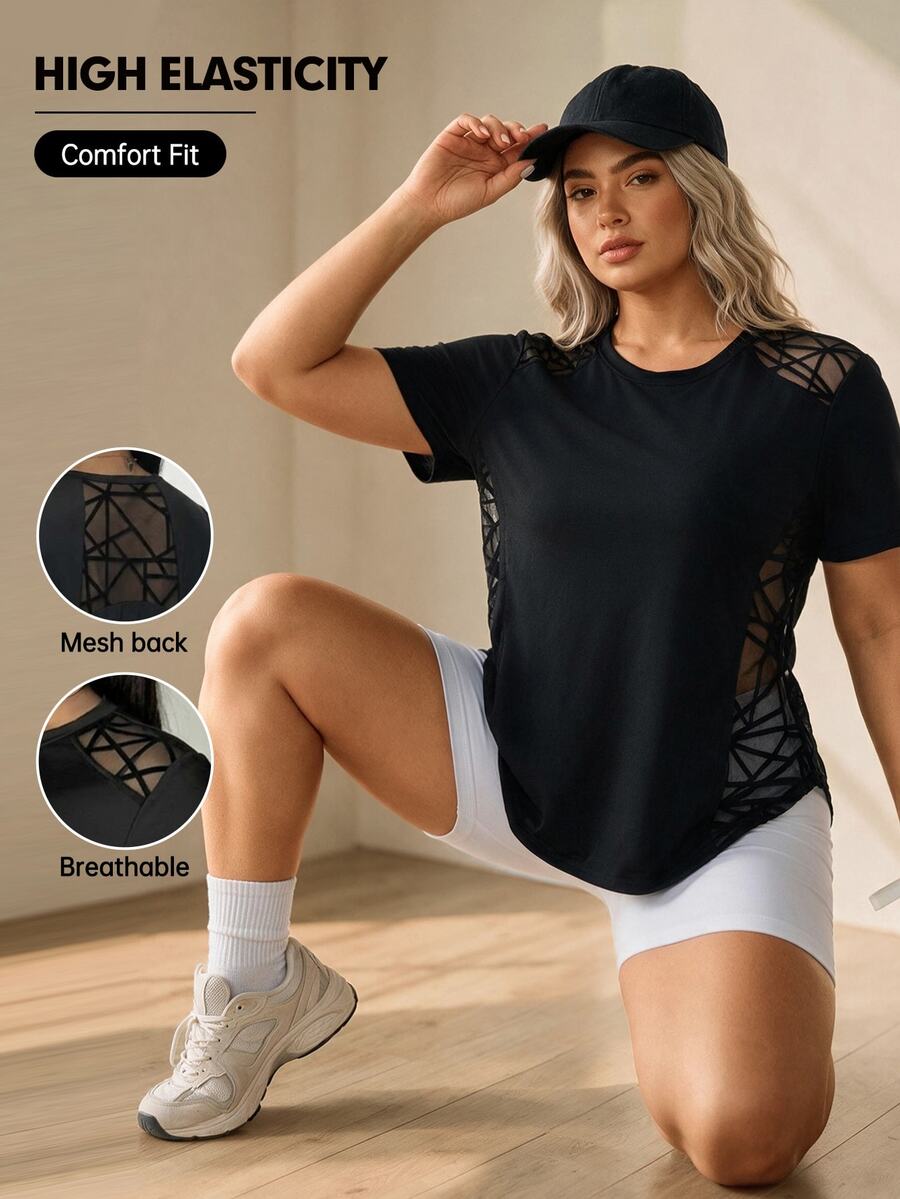 SHEIN Rhythm Era Camiseta de manga corta casual de mujer con parches de malla de unicolor - Negro - Ver 1