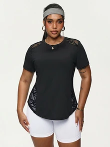 SHEIN Rhythm Era Camiseta de manga corta casual de mujer con parches de malla de unicolor - Negro - Ver 4
