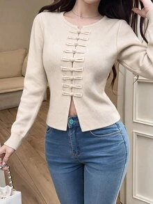 Feyla Women's Solid Color Casual Versatile Daily Wear Long Sleeve Sweater - Apricot - View 1