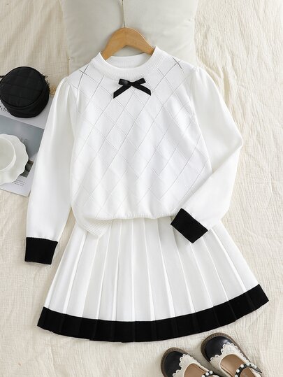Tween Girls Sweater Co-Ords Gentle Versatile Heavy-Duty Handmade Bow Decor Craft Round Neck Regular Shoulder White Long Sleeve Pullover Sweater Top + Pleated Skirt Loose Simple Elegant Girls Knit Long Sleeve Sweater Set Soft Comfortable Suitable For Daily Wear Suitable For Outings Suitable For Holiday Outfits Autumn/Winter Sweater