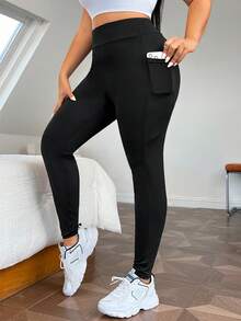 CovetEZ Plus Solid Wideband Waist Leggings With Phone Pocket - Black - View 6