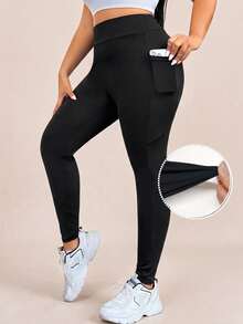 CovetEZ Plus Solid Wideband Waist Leggings With Phone Pocket - Black - View 2