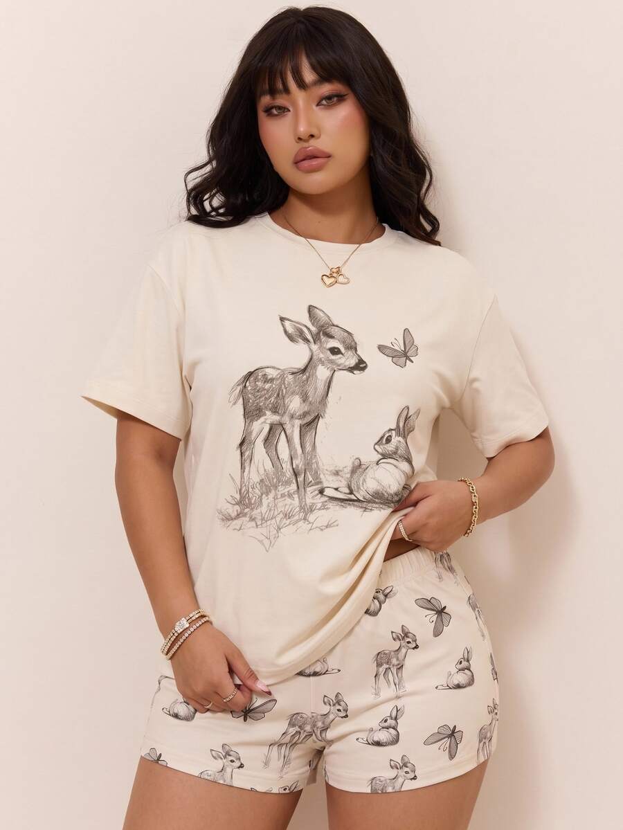 CovetEZ Plus Summer Deer Print Short Sleeve Tee & Shorts - Multicolor - View 1