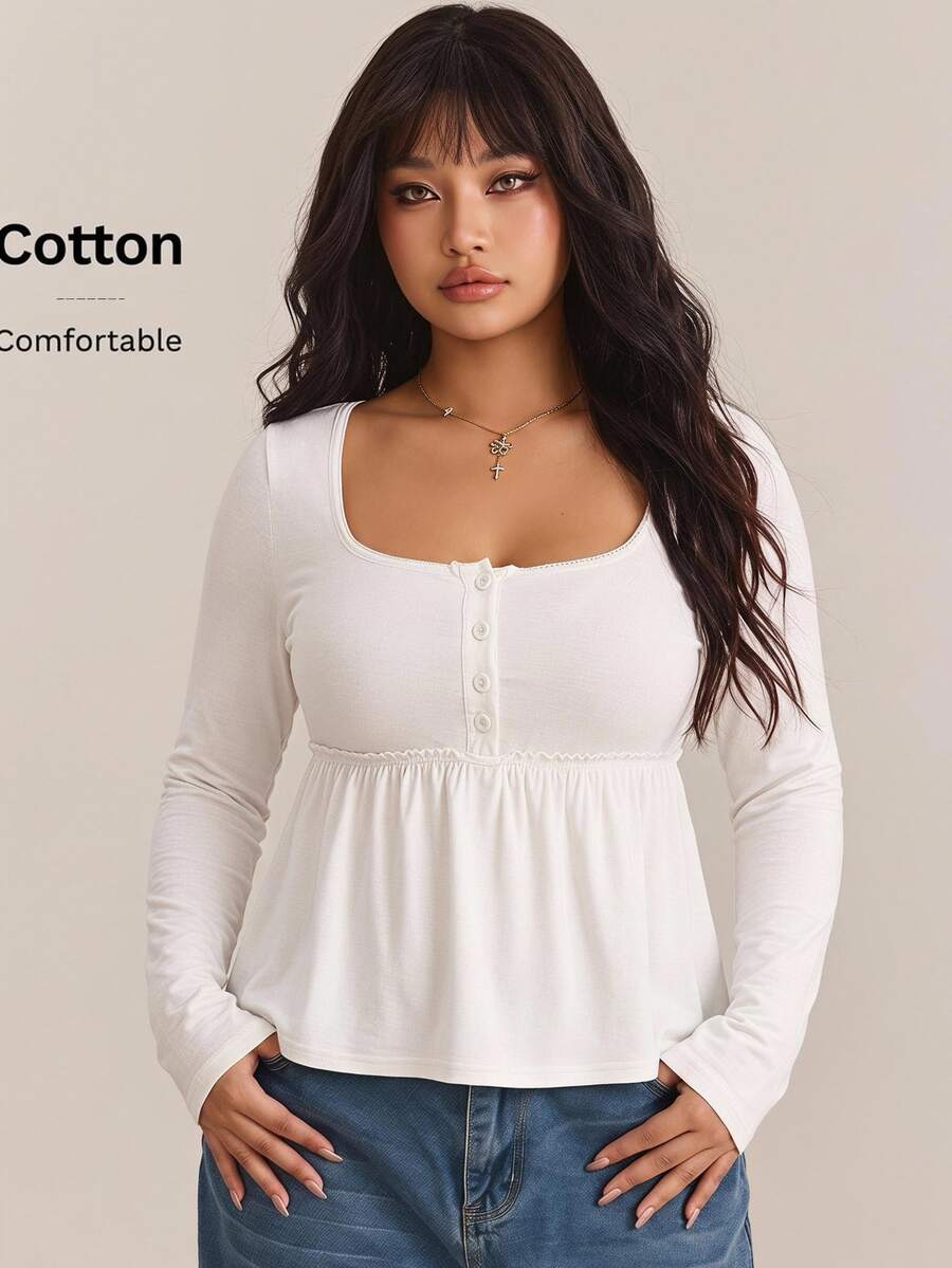 CovetEZ New Comfortable Pure Cotton Long Sleeve Ruffle Hem A-Line Casual Plus Size T-Shirt Fall - White - View 1
