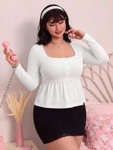 CovetEZ New Comfortable Pure Cotton Long Sleeve Ruffle Hem A-Line Casual Plus Size T-Shirt Fall - White - View 5
