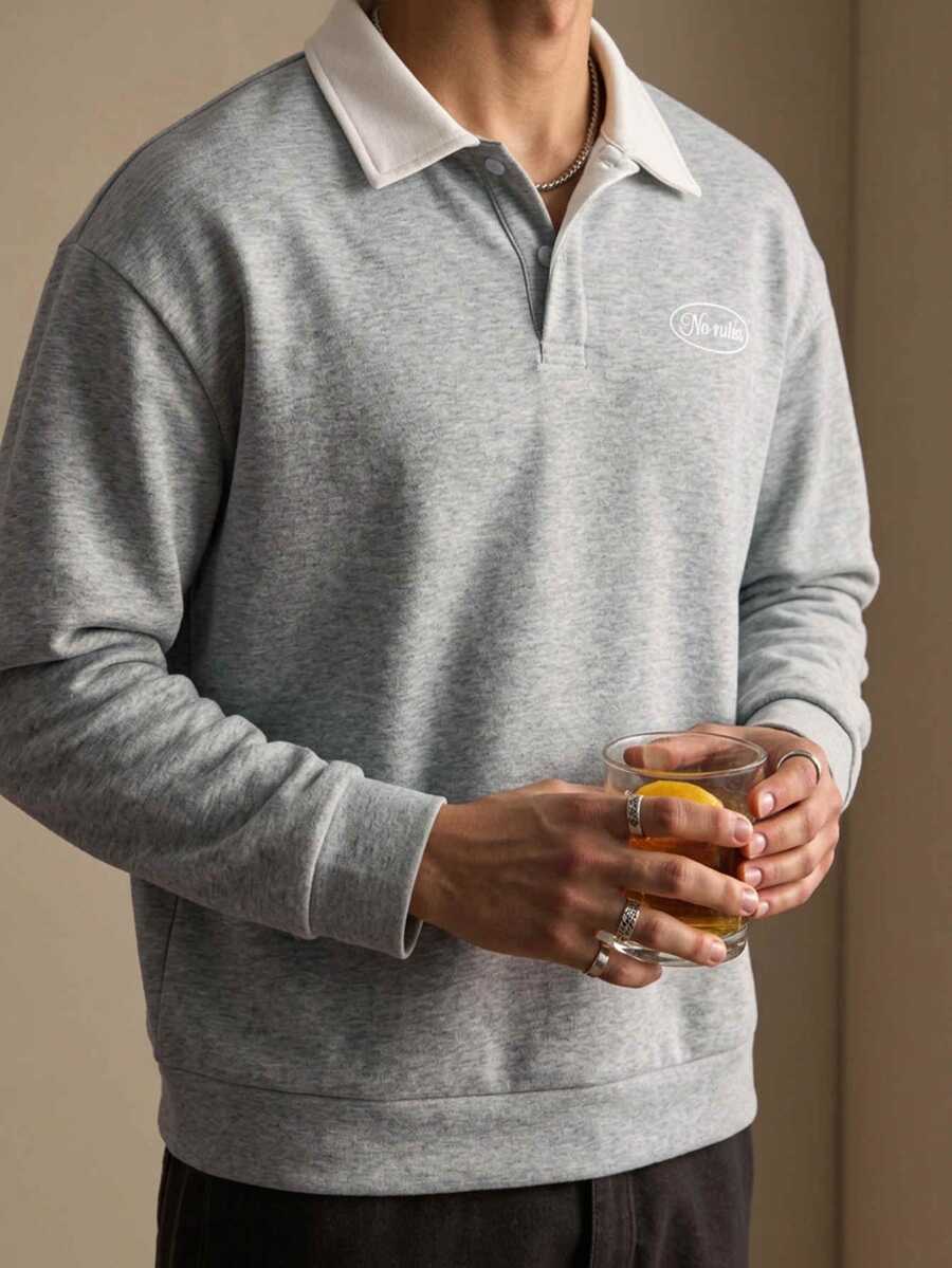 Manfinity Homme Men's Plus Size Autumn Daily Solid Color Minimalist Polo Collar Sweatshirt - Grey - View 1
