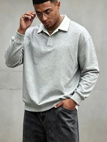 Manfinity Homme Men's Plus Size Autumn Daily Solid Color Minimalist Polo Collar Sweatshirt - Grey - View 5