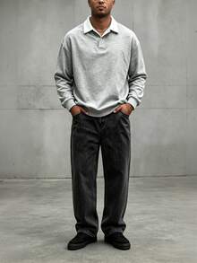 Manfinity Homme Men's Plus Size Autumn Daily Solid Color Minimalist Polo Collar Sweatshirt - Grey - View 3