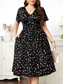 SHEIN Clasi Vestido de Talla Grande con Cuello Cruzado, Cintura Ceñida, Estampado, Línea A con Bolsillos, para Brunch, Fiesta, Formal, Cumpleaños, Negro, Verano, Romántico, Elegante L'amoure - Multicolor - Ver 6