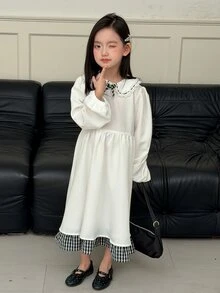 Dazy Kids Tween Girl) Plaid Decor Patchwork Bowknot Long Sleeve Puff Sleeve Cute Sweet Dress - White - View 5