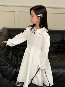 Dazy Kids Tween Girl) Plaid Decor Patchwork Bowknot Long Sleeve Puff Sleeve Cute Sweet Dress - White - View 8