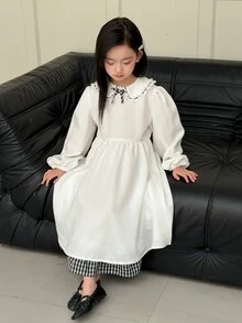Dazy Kids Tween Girl) Plaid Decor Patchwork Bowknot Long Sleeve Puff Sleeve Cute Sweet Dress - White - View 9