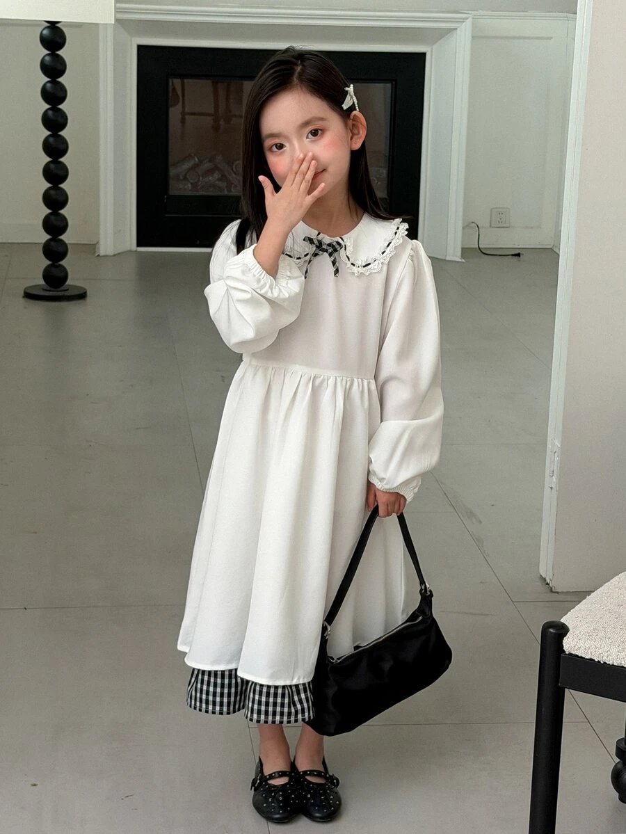 Dazy Kids Tween Girl) Plaid Decor Patchwork Bowknot Long Sleeve Puff Sleeve Cute Sweet Dress - White - View 1