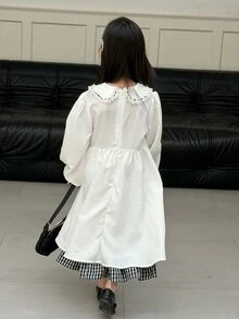 Dazy Kids Tween Girl) Plaid Decor Patchwork Bowknot Long Sleeve Puff Sleeve Cute Sweet Dress - White - View 2