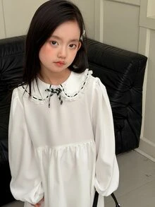 Dazy Kids Tween Girl) Plaid Decor Patchwork Bowknot Long Sleeve Puff Sleeve Cute Sweet Dress - White - View 7