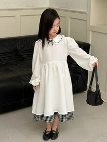 Dazy Kids Tween Girl) Plaid Decor Patchwork Bowknot Long Sleeve Puff Sleeve Cute Sweet Dress - White - View 6