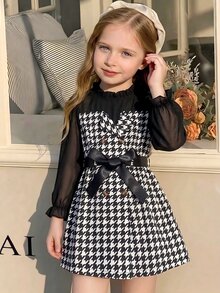 Young Girl Classic Black & White Houndstooth Collar Patchwork Ruffle Edge Black Mesh Puff Long Sleeve Double-Breasted Belted Dress School, Fall - Black and White - View 1