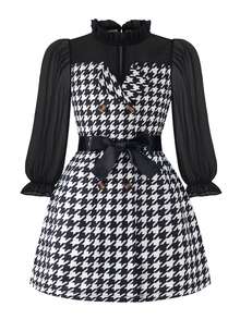 Young Girl Classic Black & White Houndstooth Collar Patchwork Ruffle Edge Black Mesh Puff Long Sleeve Double-Breasted Belted Dress School, Fall - Black and White - View 7