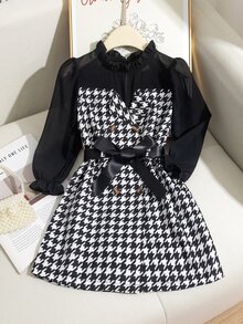 Young Girl Classic Black & White Houndstooth Collar Patchwork Ruffle Edge Black Mesh Puff Long Sleeve Double-Breasted Belted Dress School, Fall - Black and White - View 3