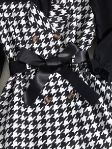 Young Girl Classic Black & White Houndstooth Collar Patchwork Ruffle Edge Black Mesh Puff Long Sleeve Double-Breasted Belted Dress School, Fall - Black and White - View 6