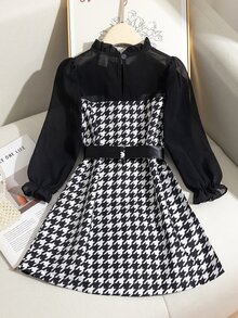 Young Girl Classic Black & White Houndstooth Collar Patchwork Ruffle Edge Black Mesh Puff Long Sleeve Double-Breasted Belted Dress School, Fall - Black and White - View 2