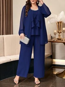 Reflora 大尺碼女款網紗長袖上衣與長褲休閒優雅日常兩件套 冬季婚禮正式雞尾酒會海軍藍 - 藍色 - 查看 8