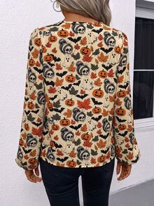 SHEIN LUNE Casual Minimalist Women's Halloween Pumpkin Skull Bat Ghost Shirt Suitable For Autumn/Winter - Multicolor - View 2