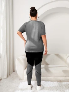 Rhythm Era Plus Size Women's Round Neck Raglan Sleeve T-Shirt & Color Block Leggings Sports Set Workout Women Sets - Multicolor - View 3