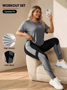 Rhythm Era Plus Size Women's Round Neck Raglan Sleeve T-Shirt & Color Block Leggings Sports Set Workout Women Sets - Multicolor - View 2
