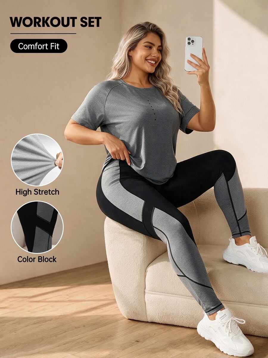 Rhythm Era Plus Size Women's Round Neck Raglan Sleeve T-Shirt & Color Block Leggings Sports Set Workout Women Sets